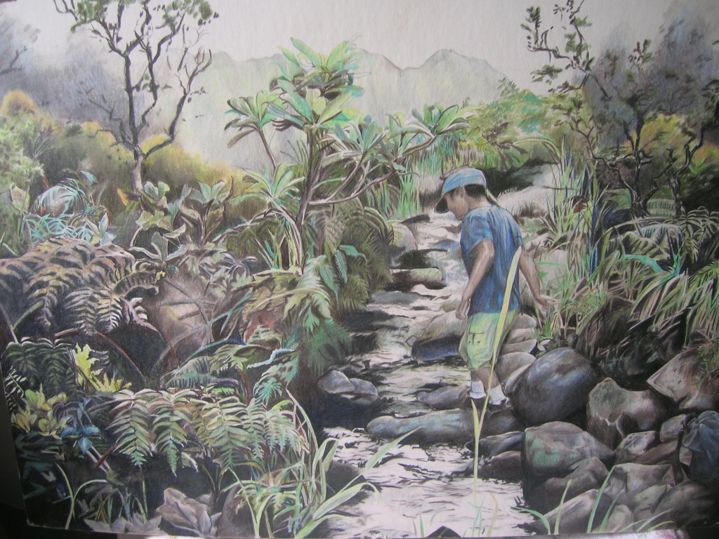 Island Art.  Colored pencil original by Hawaii artist Lisa Ventura of the Alaka'i Swamp trail on Kauai